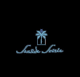 Seaside Suite logo featuring a light blue palm tree icon above elegant cursive text on black background