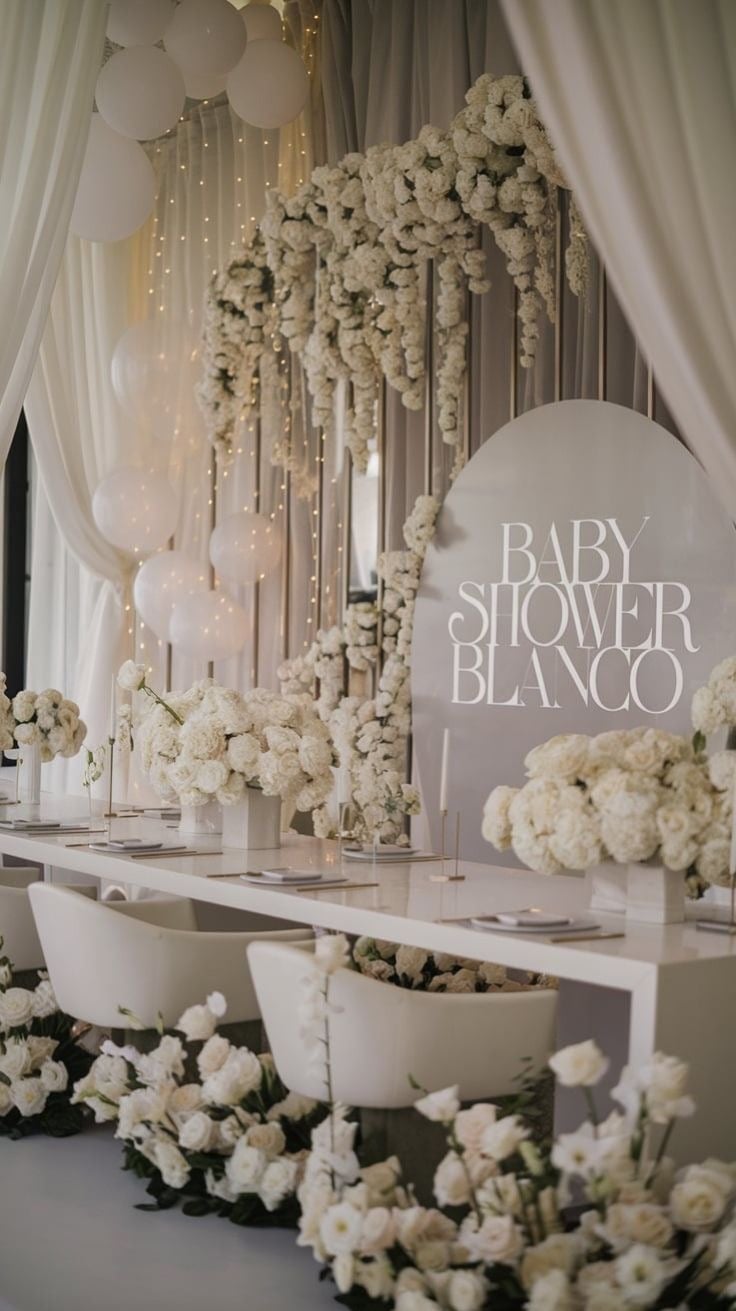 Elegant white baby shower setup with floral arch, hanging greenery, round sign reading Baby Shower Blanco, and table decorated with white flowers