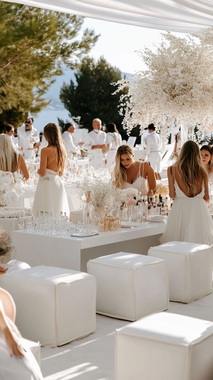 Elegant outdoor wedding reception with white décor, guests in light clothing, white cube seating, and flowering trees under clear sky